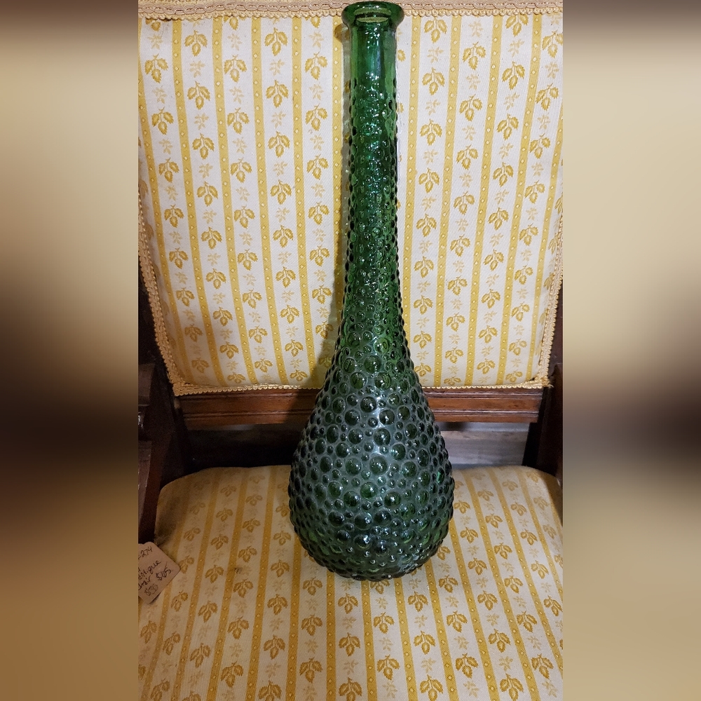 Vintage Emerald Green Empoli Bubble glass bottle, made in Italy.